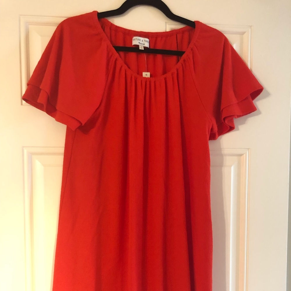 Madewell red dress, cute flutter sleeves.
